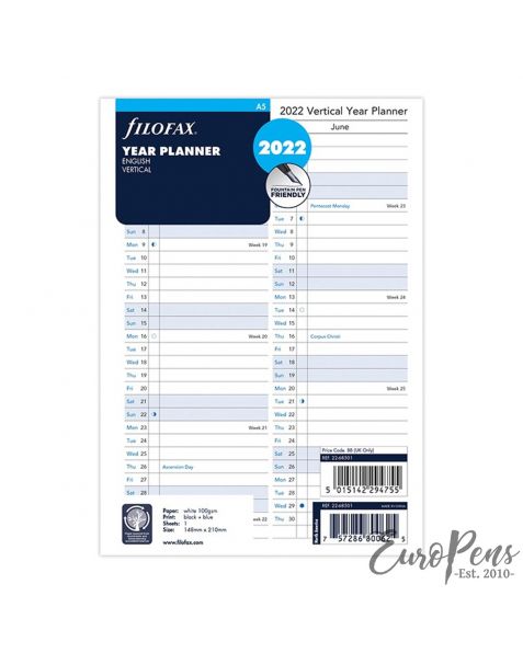 Filofax A5 Vertical Year Planner - 2022