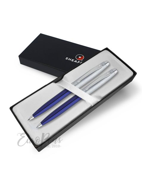 Sheaffer 100 SERIES Ballpoint/Mechanical Pencil Set Brushed Chrome Cap/Blue Barrel: Nickel Trim (9308-9)